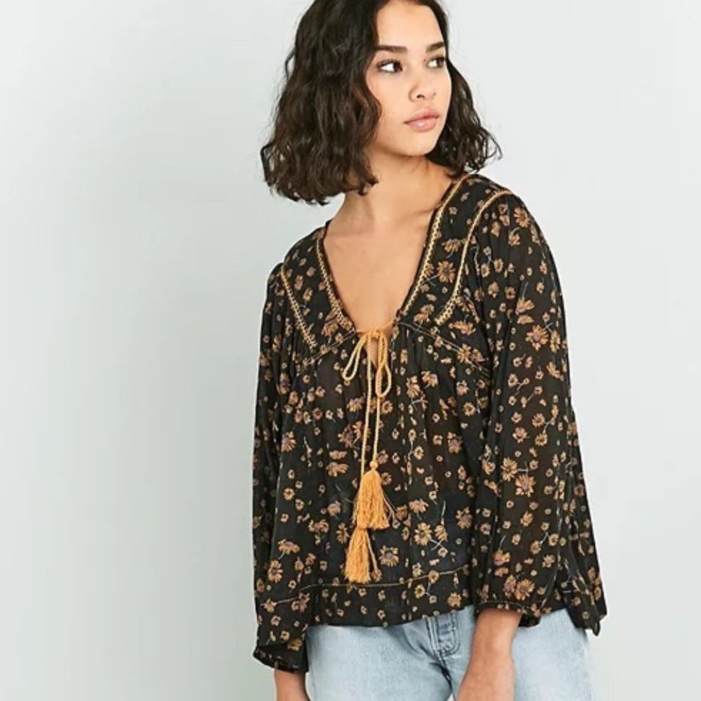 Free People Black and Gold Floral Top